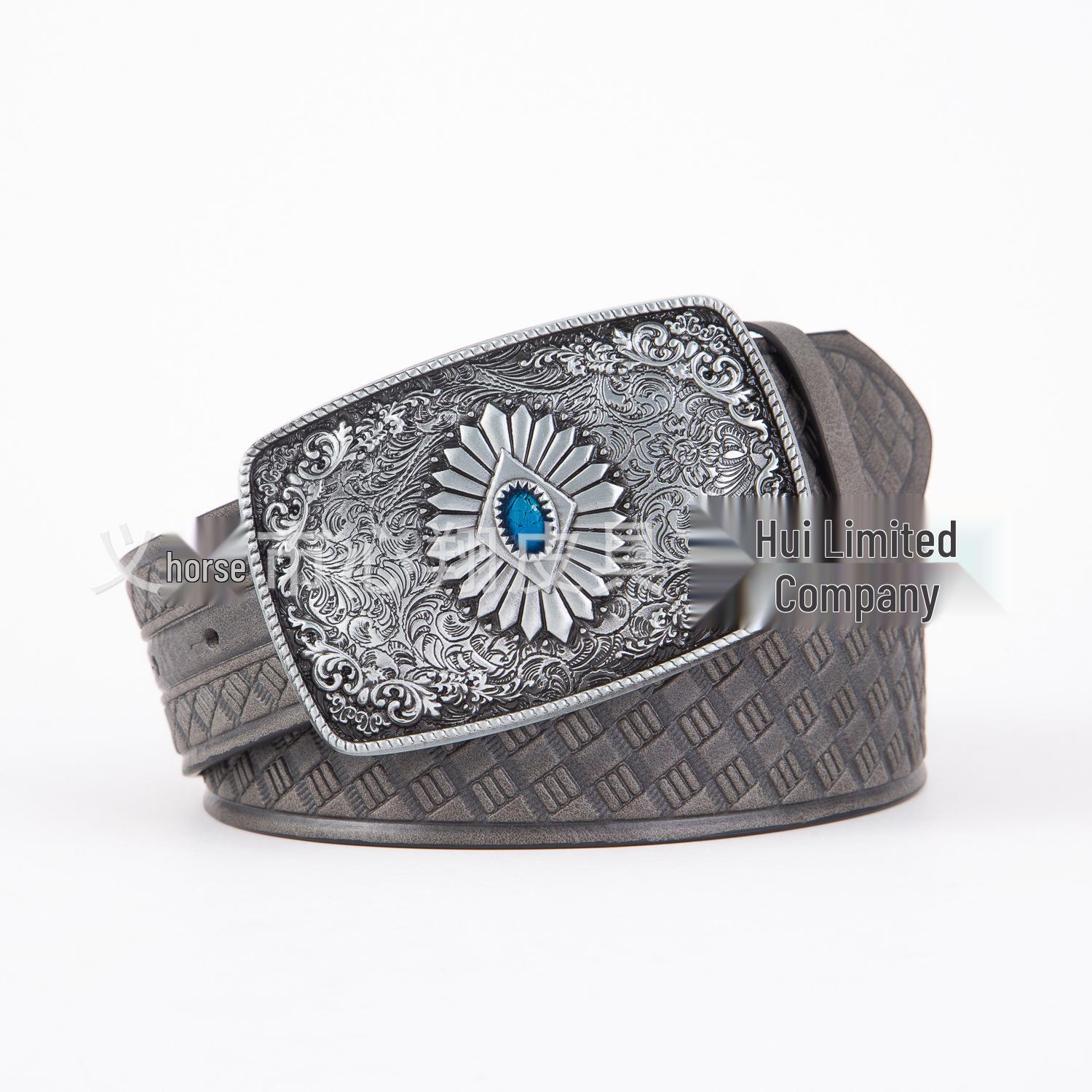 Retro Sun Pattern Buckle Western PU Leather Belt 120 cm