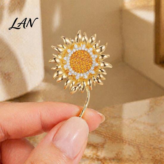 Durable Sunflower Jewelry Rhinestone Brooch Pin for Women, Golden Flower Lapel Suit Alloy Dress Scarf Hat Bag Decoration, Clothing Accessory