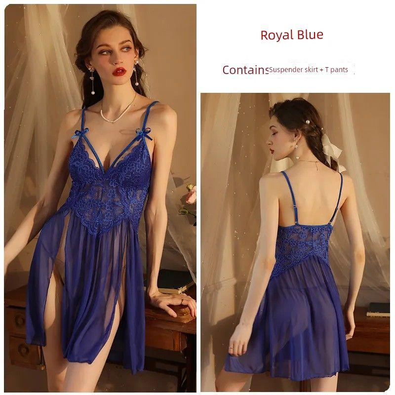 2025 New Arrival Sexy Ultra Slim Mesh Dating Nightdress/Backless Slit Deep V Suspender Dress/Sexy Seduction Pajamas