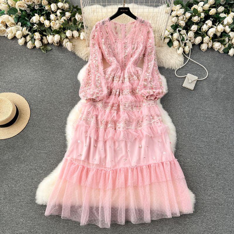 

Accessible Luxury Palace Style Embroidered Fairy Dress Gauzy Gown Pink L