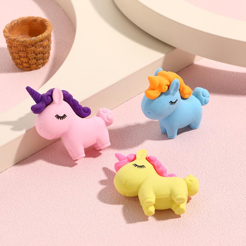 3Pcs/Lot Cute Cartoon Unicorn Eraser Kawaii 3D Pony Detachable Pencil Eraser Rubber For Kids School Student Stationery Gifts