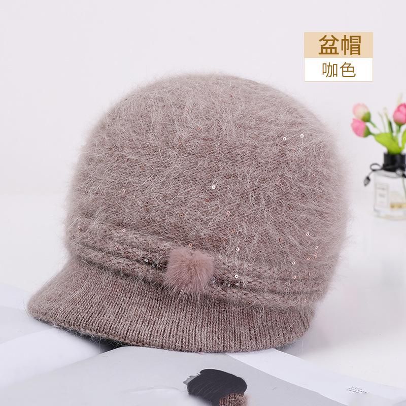 New fashion hairball women's knitted hat outdoor versatile warm and cold rabbit hair adult grandma hat