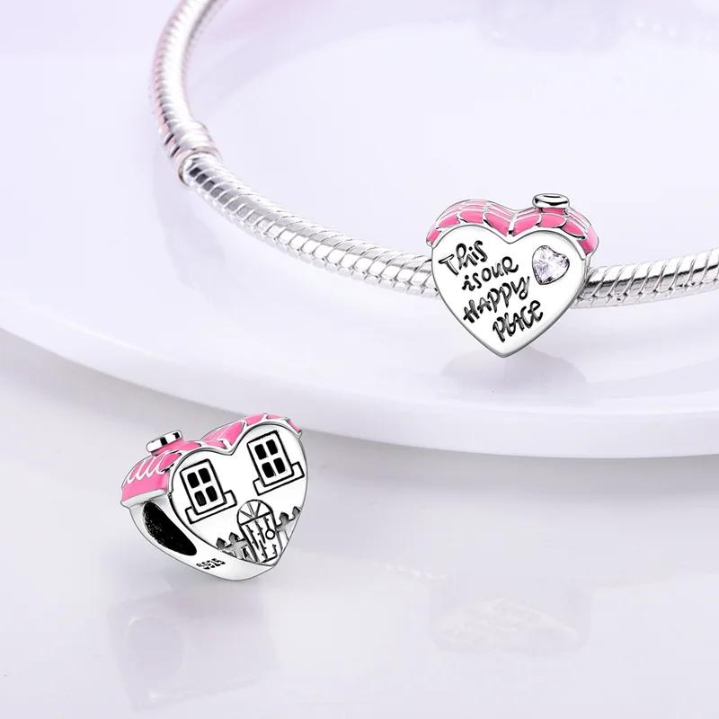 Original Charms Copper Plated Pink Happy Heart-Shaped House Beads Fit Bracelets For Women Jewelry Making Fine Gifts