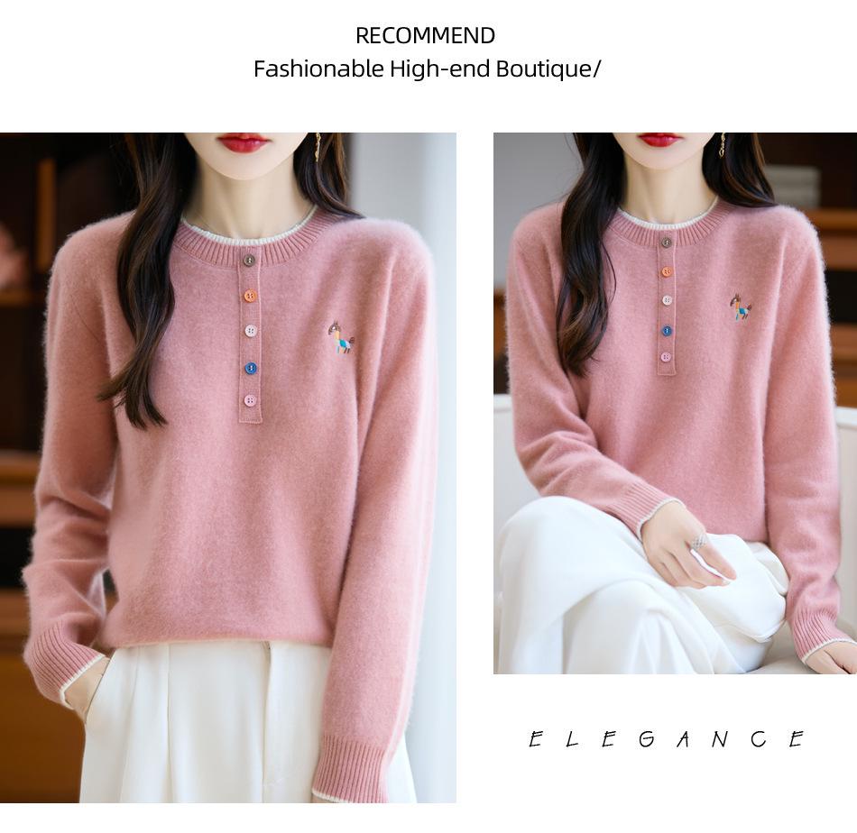 Women's 2025 Autumn/Winter 100% Wool Embroidered Sweater with Round Neck and Colorful Buttons