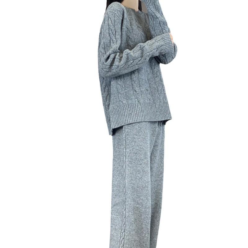 Women's Pure Wool Cable Knit Sweater Set - Autumn/Winter 2025 Trend: Loose, Thick, Round Neck, Long Sleeve.