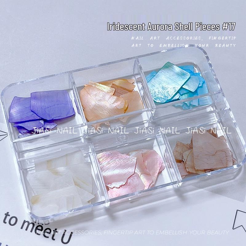 Iridescent Abalone Nail Decor: Ultra-Thin Shell Fragments in 6-Grid Box