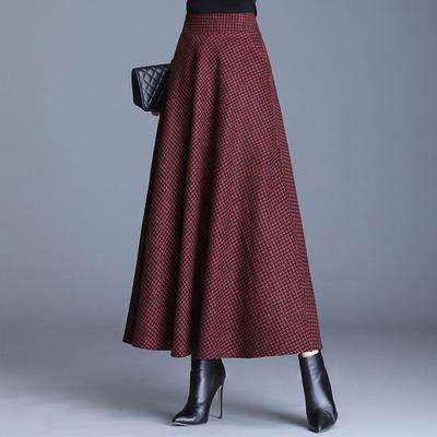Women Autumn/Winter Woolen Skirt Elegant Plaid Flared Skirt with Elastic Waistband and Pockets