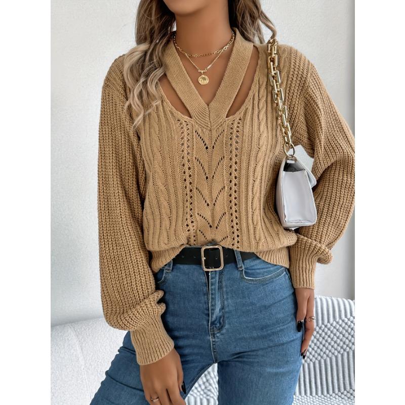 Einfarbiger V-Ausschnitt mit Lochmuster Langarm-Pullover für Herbst und Winter Freizeiturlaub.