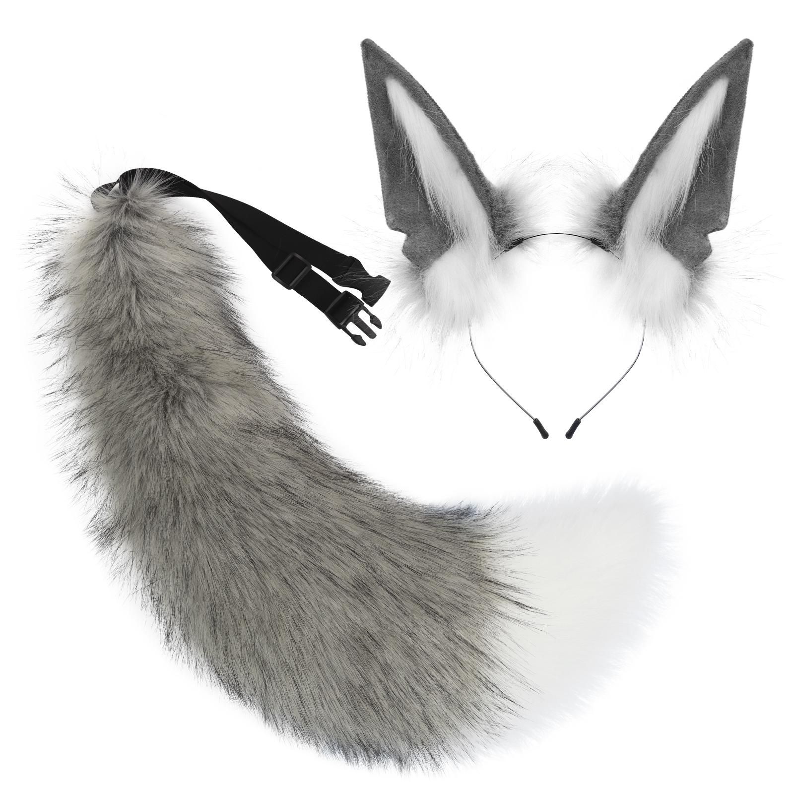 2 Stück Plüsch Kunstfell Fuchs Ohren Stirnband Wolf Schwanz Fursuit Kostüm Zubehör one size
