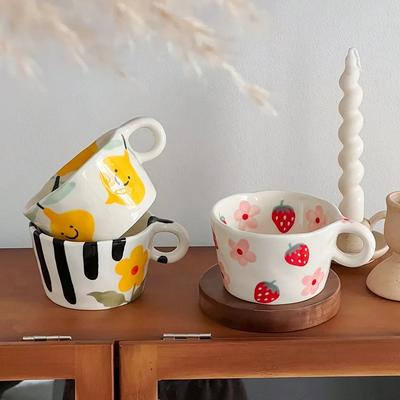 300 ml süße handgekniffene Keramiktassen mit handgezeichneten Blumen, Kaffeetasse, Frühstücksmilch-Haferflockentasse für Studenten, Geschenk, Büro, Wassertassen