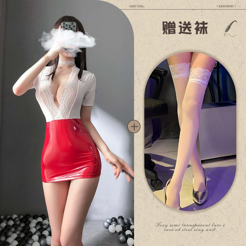 New Sexy Underwear Sexy Women OL Office Temptation Burst Tits Hip-wrapped Secretary Patent Leather