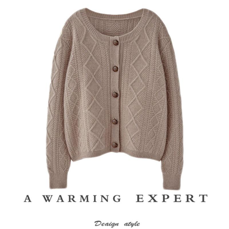 Women's 100% Pure Wool Cable Knit Cardigan – European Style, Thickened, Warm, Loose, Niche Design.