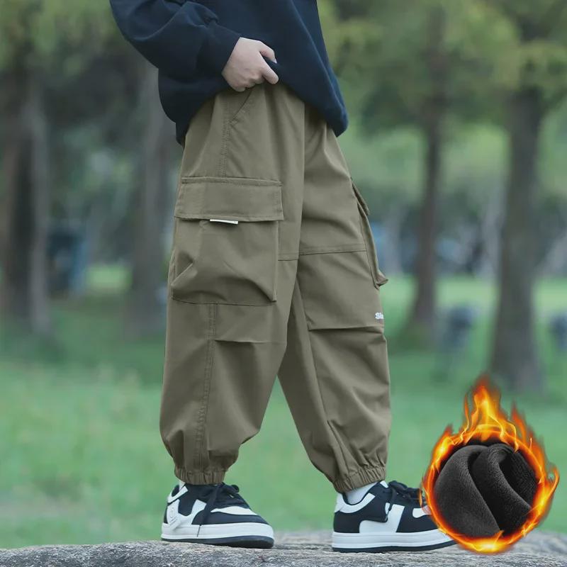 Boys' Windproof Waterproof Pants: Trendy Autumn/Winter 2024 Plus Velvet Workwear Trousers