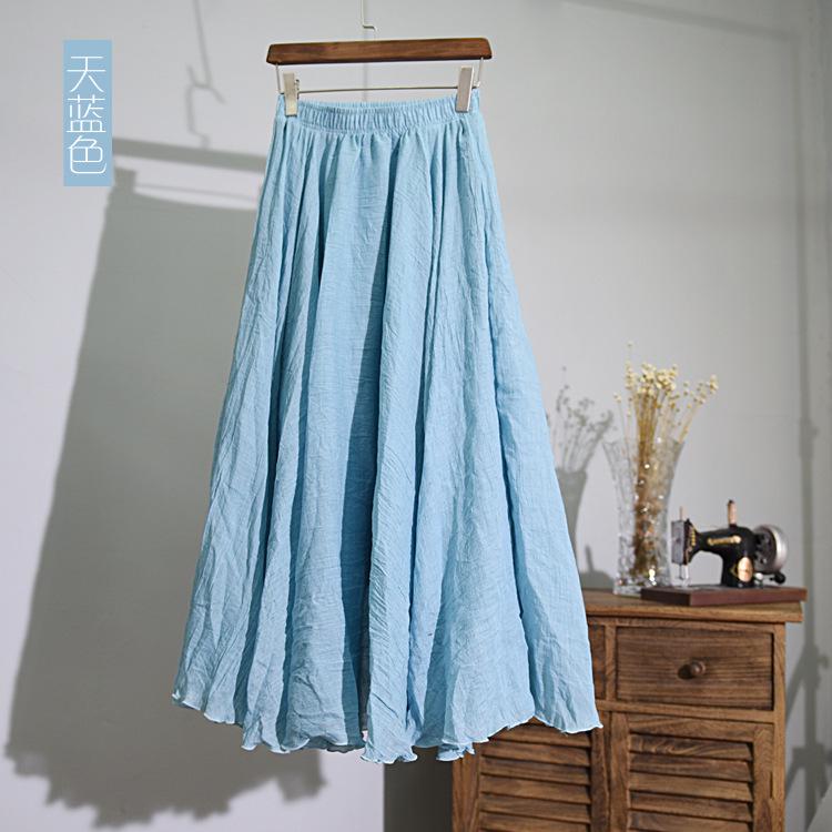 Women's Cotton Linen Maxi Skirts Double Layer Boho Elastic High Waist Pleated A-Line Flowy Swing Long Maxi Skirts Elastic Waist Long Skirt for Women
