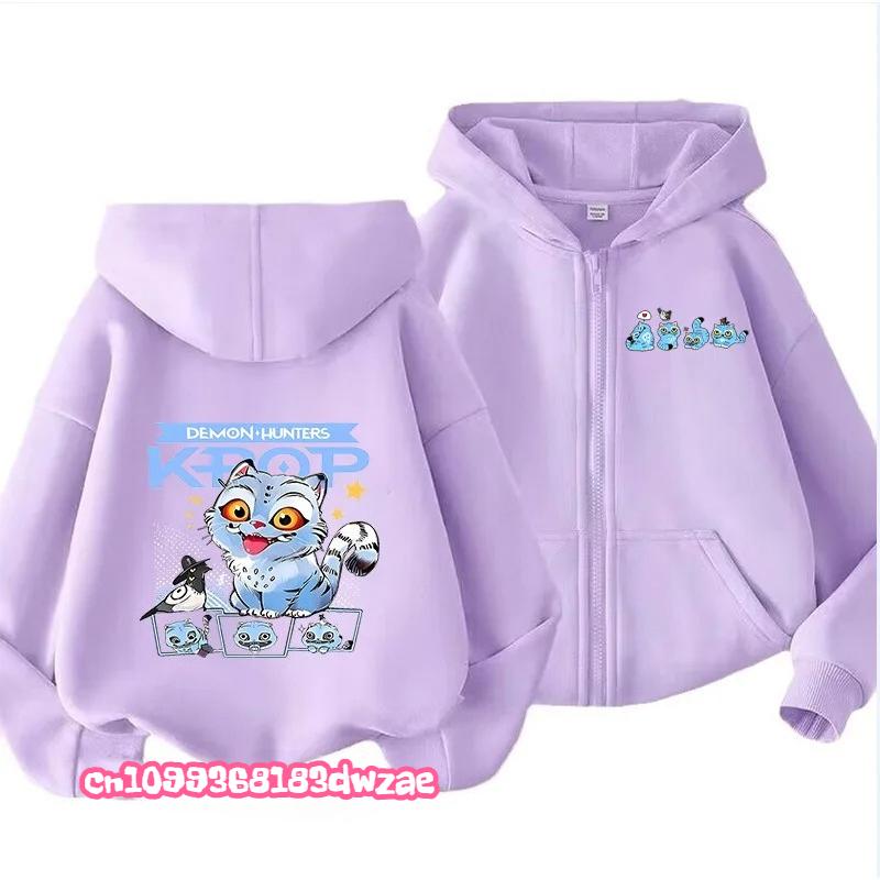 KPop Demon Hunters Zipper Hoodie Cartoon Girls Coat Fashion Thin Clothes Purple Autumn Hoodie Jacket Kids Anime Sweatshirt Gift