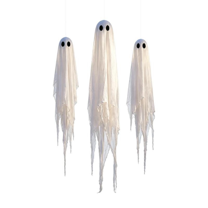 Halloween Hanging Figures Set of 3 with Lighted Design, White Gauze Porch Accent for Entryway Tree Area and Party Home Styling Theme