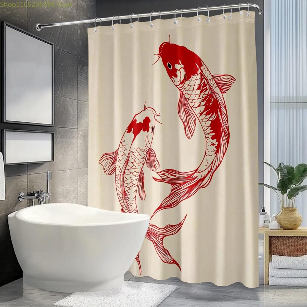 1 Stück Minimalistischer Koi-Fisch Duschvorhang - Eleganter Moderner Duschvorhang Geeignet für Badewanne, mit Hakenringen, Bohrlos Installierbar
