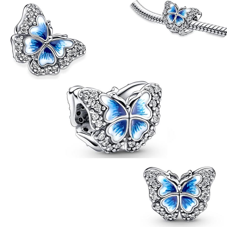 Nova Série Azul Prata Esterlina 925 Andorinha Folha Nuvem Borboleta Tachas Berloques Pulseira Joias
