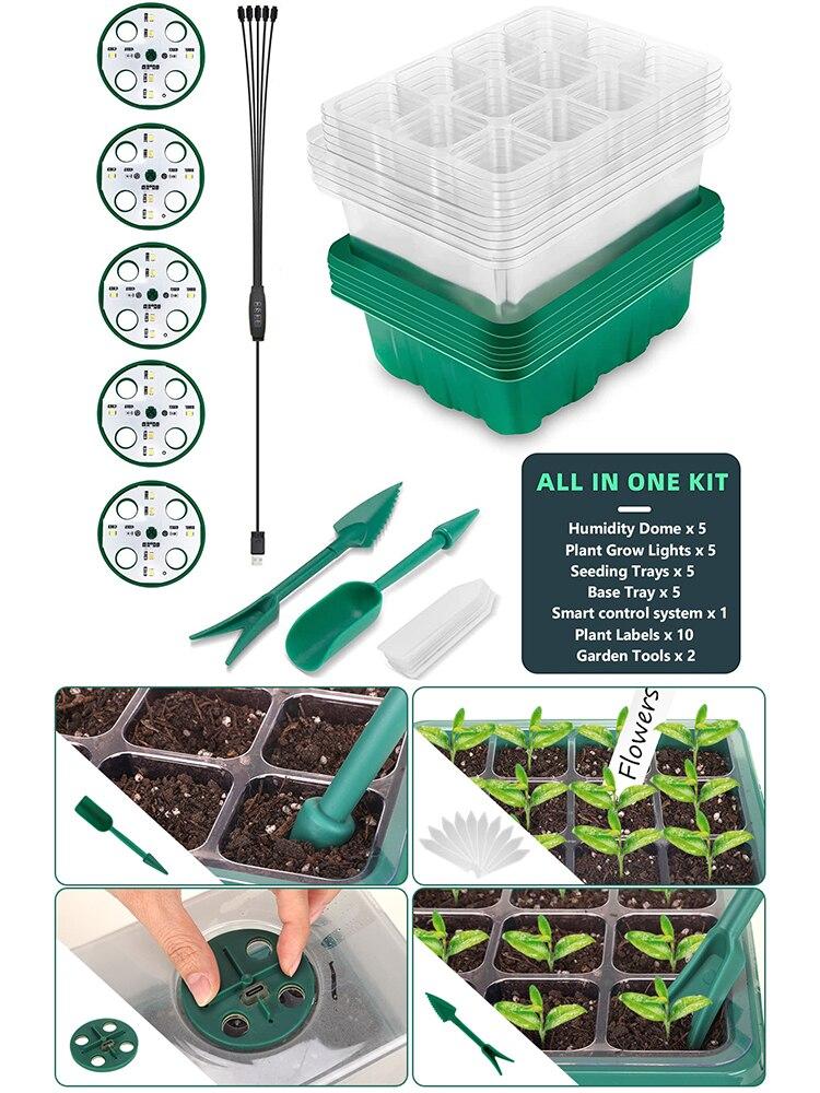 

Светильник для выращивания с поддоном для семян, полный спектр, 5 шт., набор для посева, инструменты, лампа для выращивания прорастания для теплицы в помещении, 12 ячеек