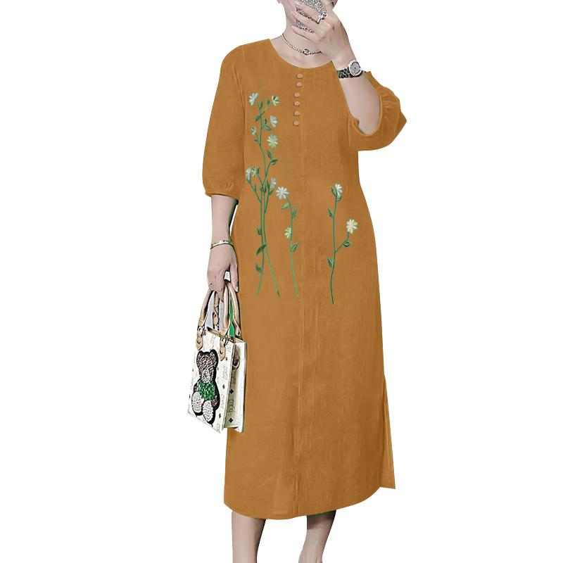 

ZANZEA Womens Casual 3/4 Sleeve Loose Floral Embroidery Long Dress L помаранчевий