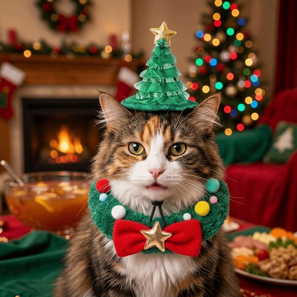 Mit Sternschleife Katze Hund Weihnachtsschal Set Hautfreundlich Haustier Weihnachten Kranz Halsband Feiertagsparty