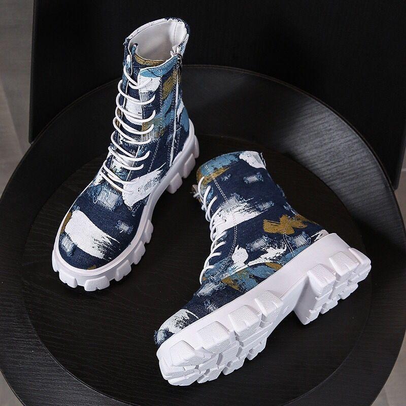 Autumn and winter color side zipper denim flat-bottomed platform short boots women's retro platform muffin bottom Martin boots lace-up