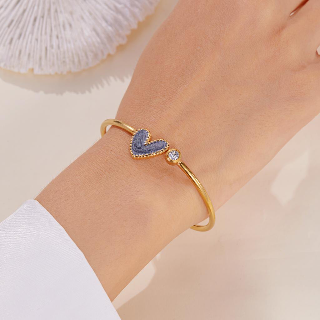 New Trendy Gold Plated Simple Heart Cuff Bangles for Women High Quality Stainless Steel Crystal Bracelets Waterproof Jewelry