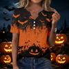 Womens Halloween Print V Neck Short Sleeve T Shirt Button Detail Casual Loose Fit Top for Everyday Wear