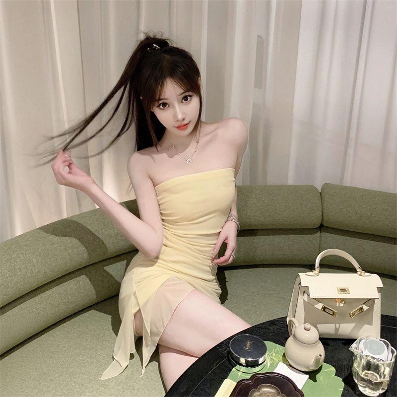 

Open Back Tight Yellow Tube Top Sexy Irregular Design Pleated Waist Tight Hip Skirt Vest Dress Women Yellow S