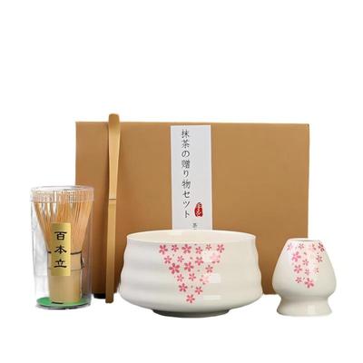 Matcha Tea Ceremony Japanese Tea Ceremony Tea Chashaku Matcha and Whisk 4-Piece Set, Utensils, Bowl, 100-Standing Chasen, (Tea Scoop), Powder, (White)