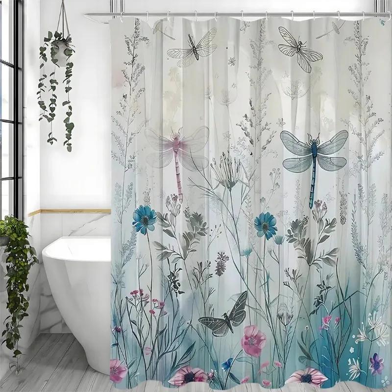 Blue Floral Plant Dragonfly Shower Curtain, Bathroom Decorative Shower Curtain, Waterproof Shower Curtain With Hooks W60H190(CM)-1 Pcs