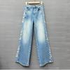Embroidery Hot Diamond Denim Wide-leg Pants Women's Spring New High Waist and Thin Retro Old Extended Floor Pants Tide