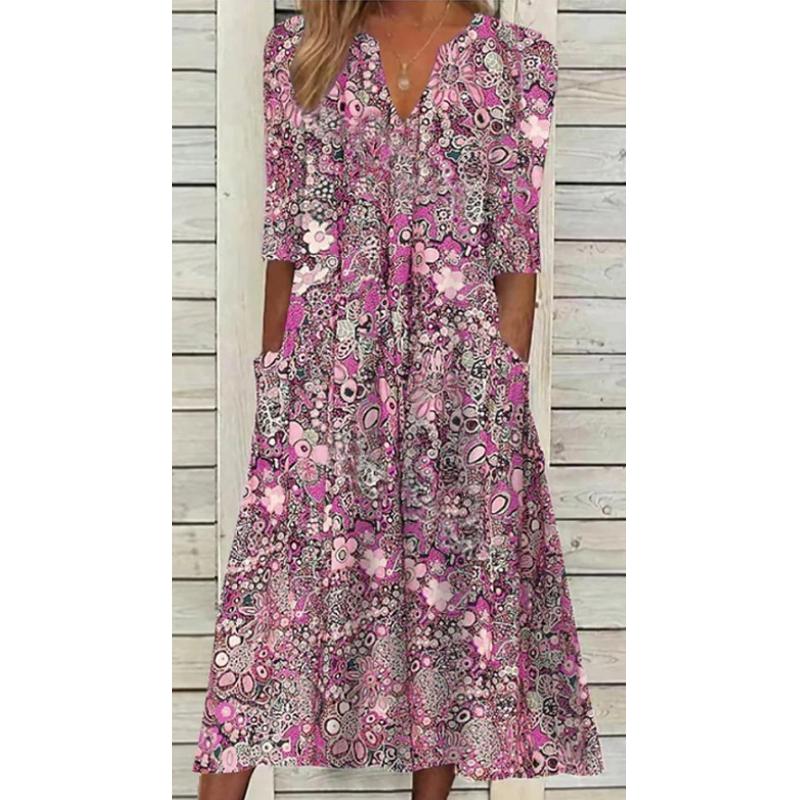 Summer Fashion Vintage Floral Print Boho Party Dresses for Women Vacation V-Neck Short Sleeve Pockets Beach Midi Dress Robe
