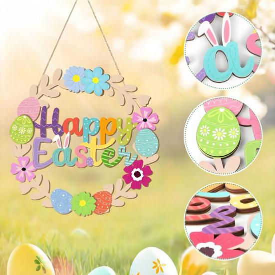 Wooden Easter Door Wreath for Bunny Eggs Porch Front Door Happy Easter Sign for Spring Window