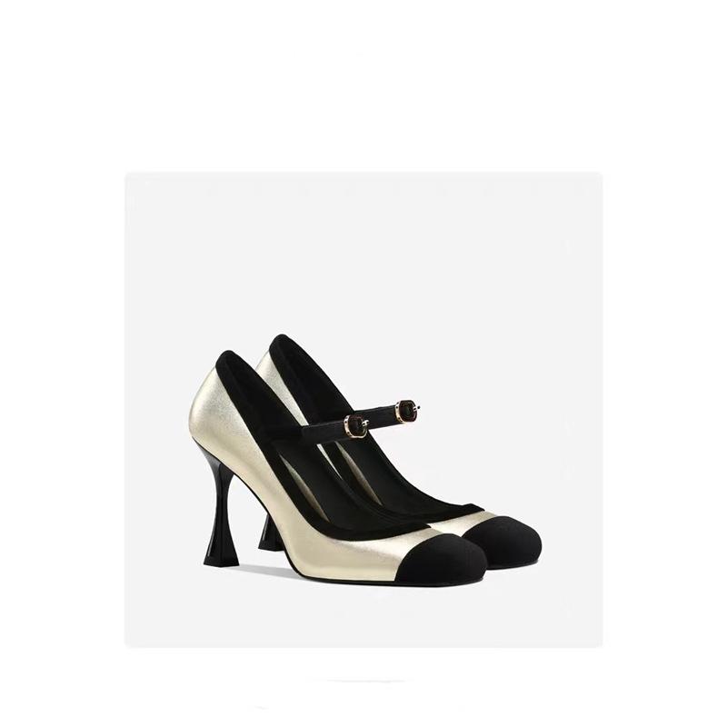 Mary Jane Female 2025 Spring and Autumn New Square Head Word with Splicing Thin Heel Small Fragrant Wind Shallow Mouth High Heels Single Shoes