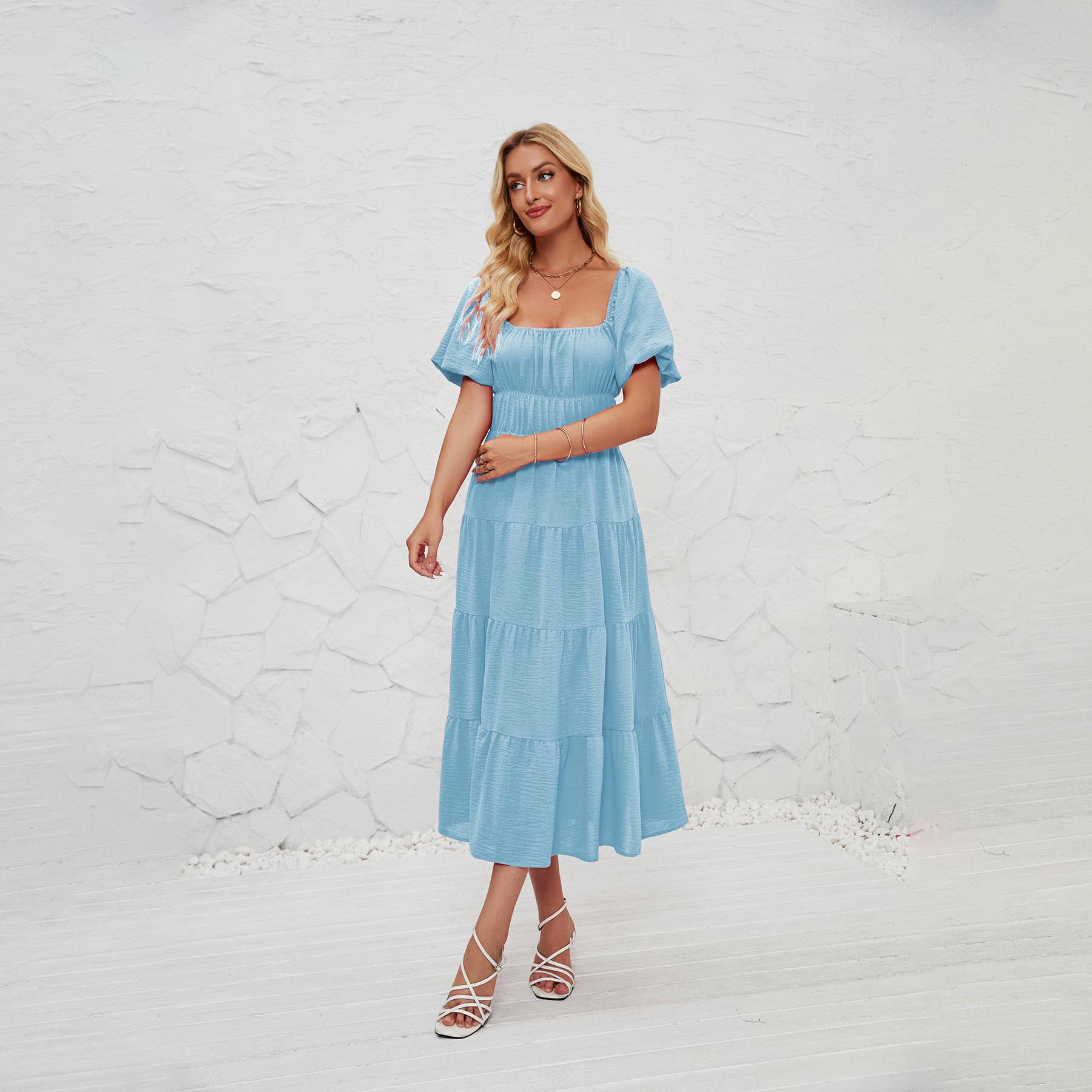 

Летнее женское модное однотонное плиссированное платье с коротким рукавом и квадратным щиколотком без бретелек S светло-синий