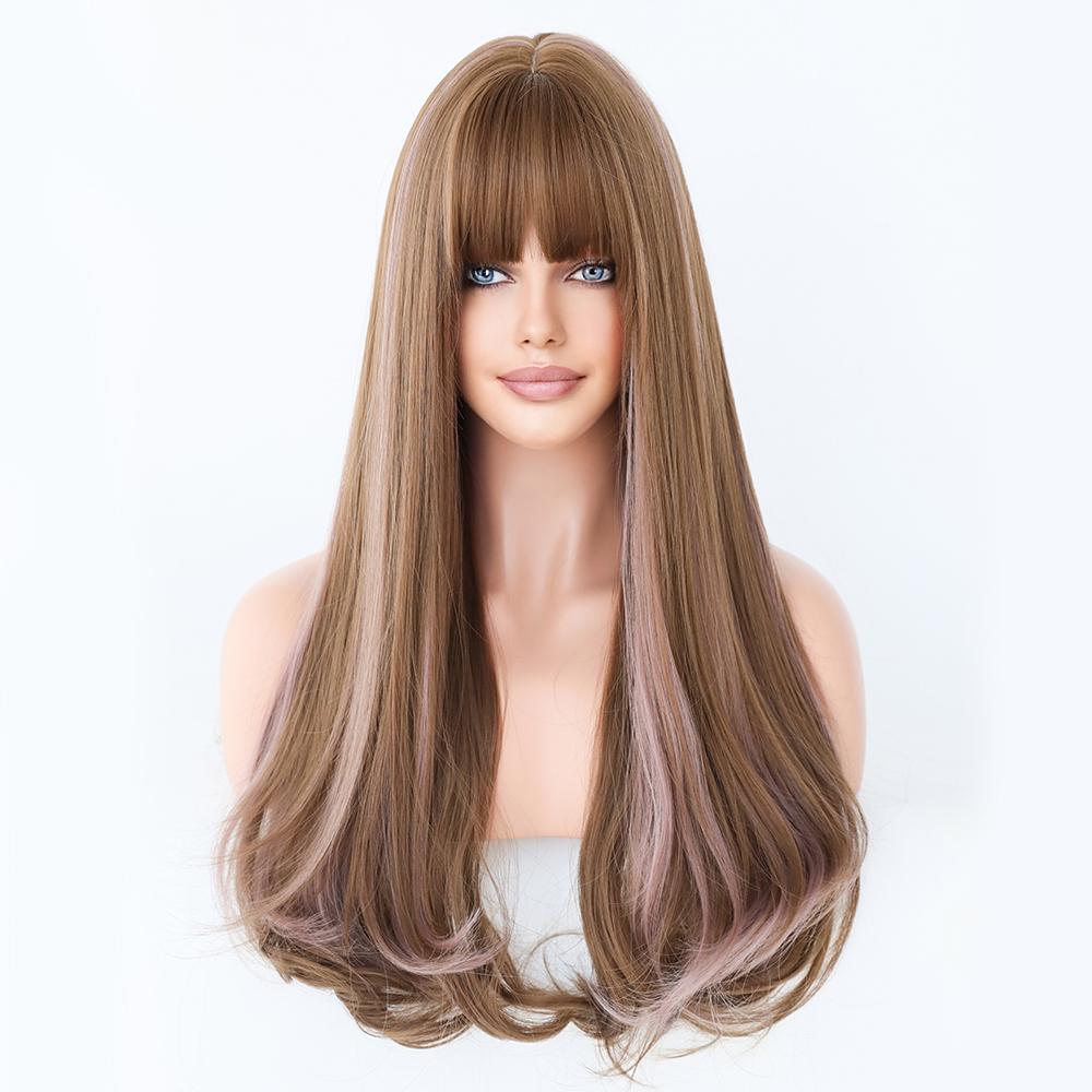 Perucas Sintéticas Longas Cacheadas Loiro com Preto Perucas de Cabelo Natural Partição Central para Mulheres Usar Para Cosplay Diário Lolita Resistente ao Calor