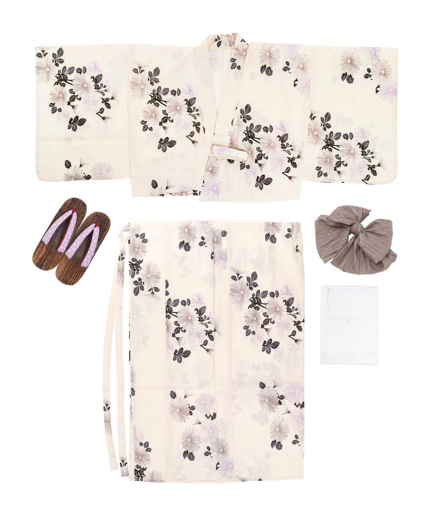 Yukata Set and in with a Variegated Weave Kokiku One Size Fits [KYOETSU] Women's 4-Piece (Yukata, Obi, Underwear, Geta) Off-White (Size AB, 7.