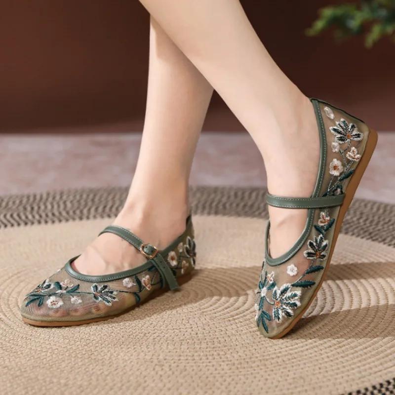 Breathable Mesh Women Ballet Flats Flower Embroidered Mary Jane Shoes Woman for Ladies Casual Round Toe Brand Designer Footwear