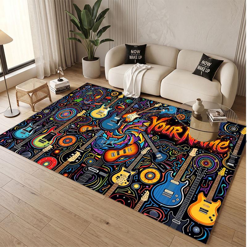 Music Guitar Theme Soft Crystal Velvet Rug Custom Name & Text Print Non Slip Floor Rug for Bedroom Living Room