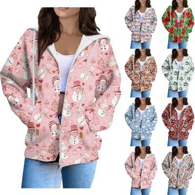 Damenmode Lässiger Langarm Weihnachtsdruck Strickjacke Mantel mit Tasche Reißverschluss