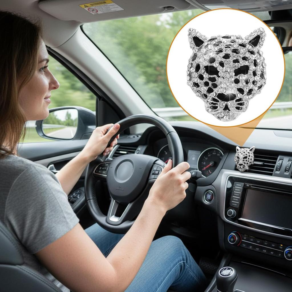 2 Pcs Bling Leopard Air Vent Clips Rhinestone Car Vent Clips Cheetah Print Car Accessories Diamond Bling Accessories for Women(Silver)