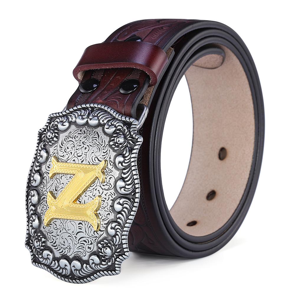 

Western Belt Men Genuine Leather Belts for Men Women Cowboy Cowgirl Big Letters Buckle Gold Male Belts Long Black Brown Quality 125cm