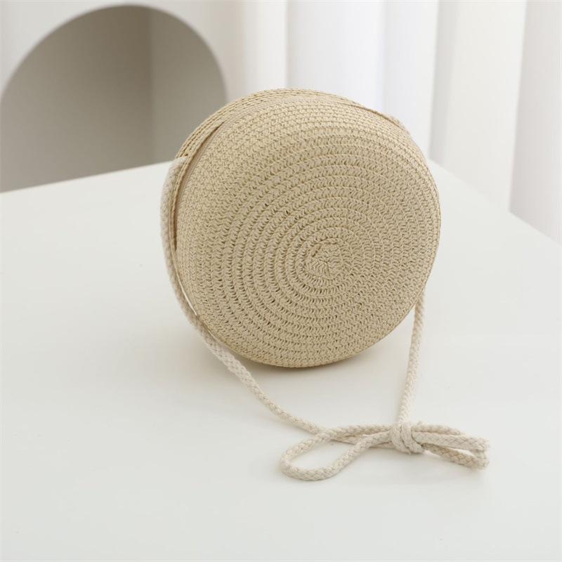 Summer Solid Color Straw Bag Shoulder Messenger Round Bag Children Versatile Outing Beach Bag Light Board DIY Round Weaving