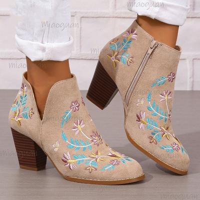 Klobiger Absatz Damen Herbst Winter Bestickte Blumen Kurze Stiefel Seitenreißverschluss Bequem Botines für Damen Zapatos De Mujer