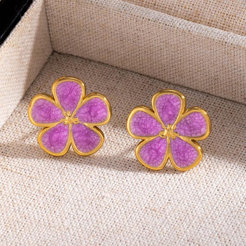 Hot Selling Enamel Drip Flower Stainless Steel Stud Earrings for Women - Holiday Style Titanium Steel Jewelry