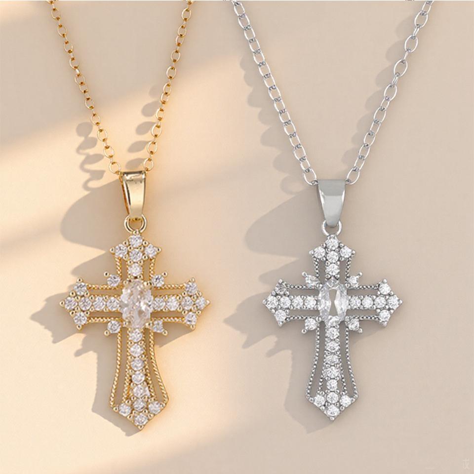 ZAKOL Retro Punk Shiny Zircon Cross Pendant Necklace for Women Men Personalized Fashion Clavicle Chain Couple Neck Zircon