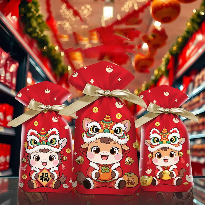50/100Pcs Year Of The Horse Candy Bags With Drawstring Candy Gift Bags Snowflake Crisp Bag Chinese Year Party Decoration