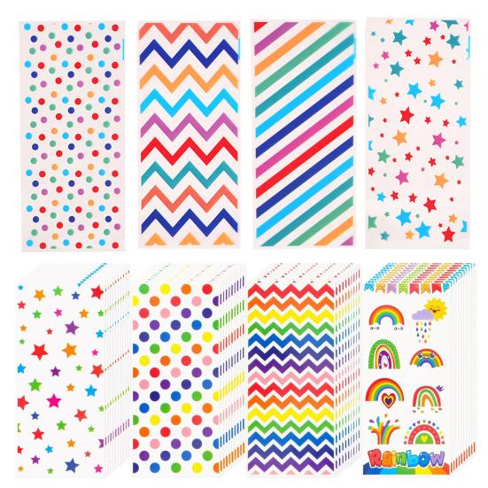 100Pcs Colorful Candy Bags Assorted Dot Stripe Star Pattern Cellophane Treat Bags