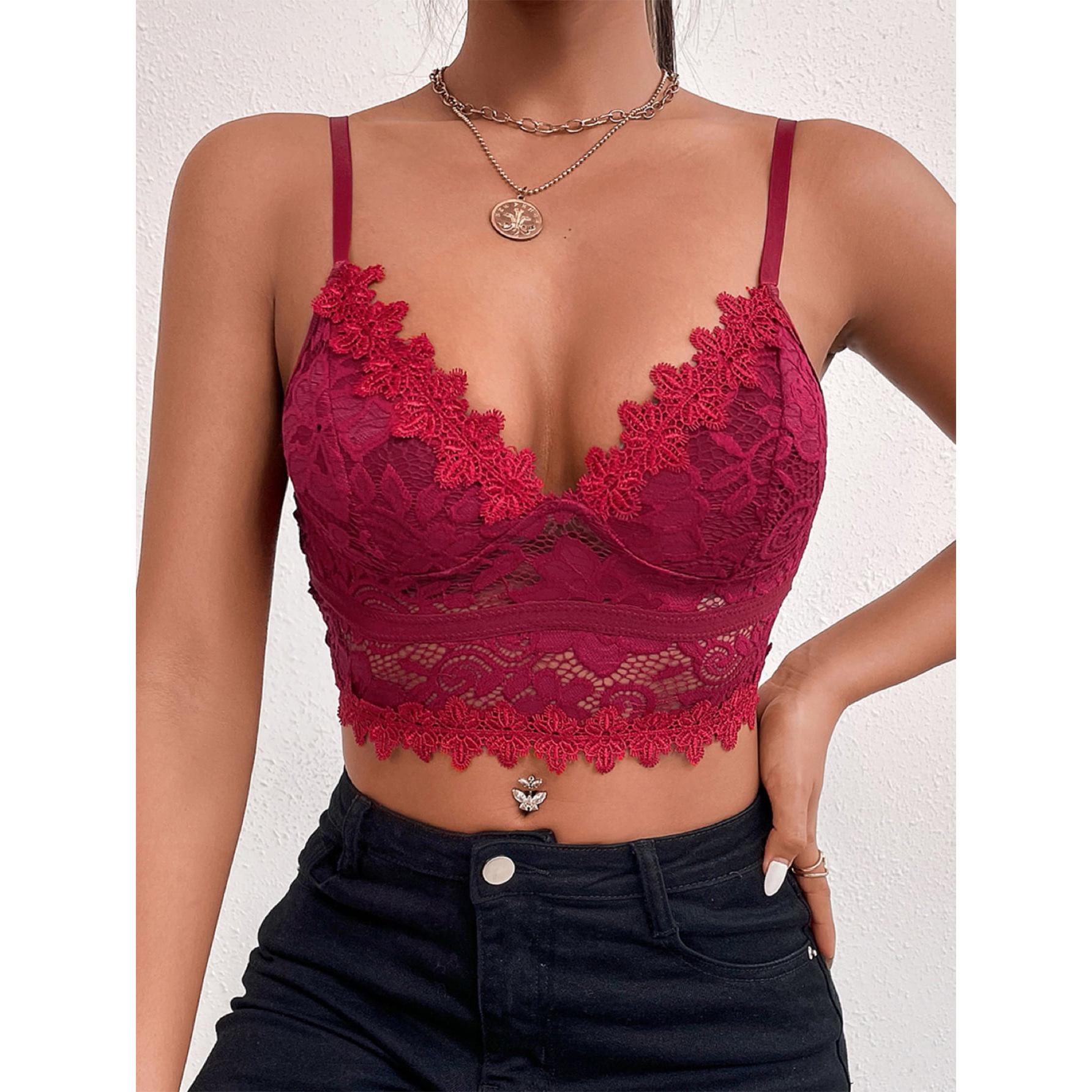 

Sexy Lace Deep V Solid Color Bandeau Crop Top 9328 - European & American Style Small вино красного